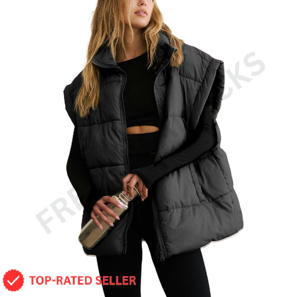 Oversized Puffer Vest Quilted Lightweight Stand Collar Sleeveless Winter